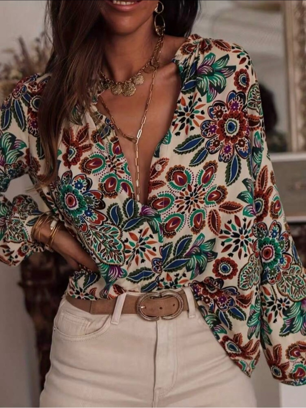 SHEIN Cream Floral V-Neck Long Sleeve Blouse with Multicolor Print